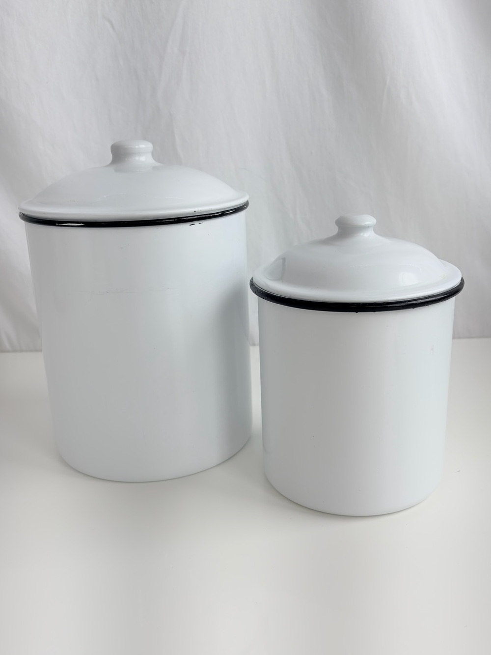 2 Piece Canister Set Vintage Inspired White & Enamel Black Rim Round Tin Storage